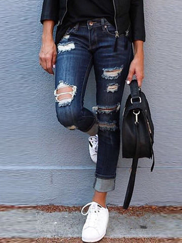 Woochic jeans longue crayon déchiré troué slim femme pantalons bleu foncé Bleu foncé S